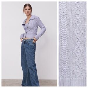 NWT. Zara Lilac Knit Cropped Cable-Knit Cardigan with Buttons. Size M.